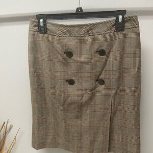 Apostrophe Brown Plaid Pencil Skirt with Button Accents